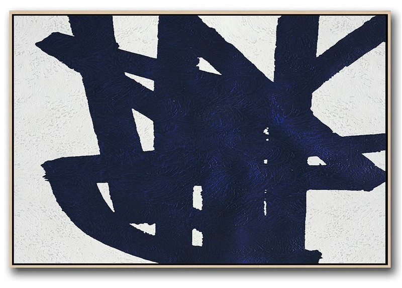 Large Contemporary Art Acrylic Painting,Horizontal Navy Painting Abstract Minimalist Art On Canvas,Modern Painting Abstract